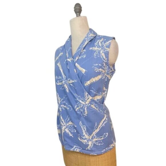 Missy Maude Blue Palm Tree Preppy Stretch Top Large - Picture 2 of 4